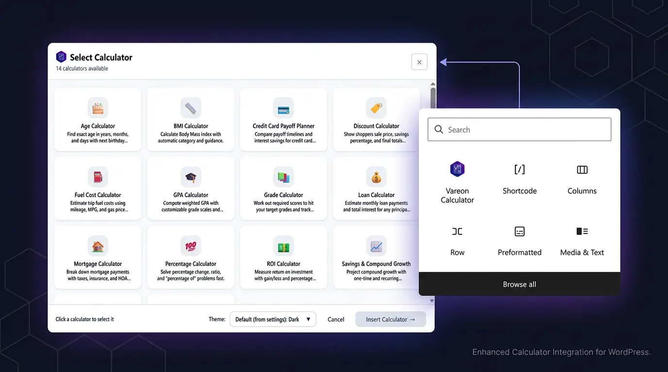 Calculator block inside the WordPress Gutenberg editor
